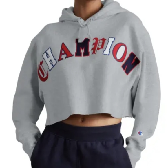 Champion Reverse Weave Cropped Hoodie “Old English” Spellout Gray Women's XLarge - Picture 1 of 6